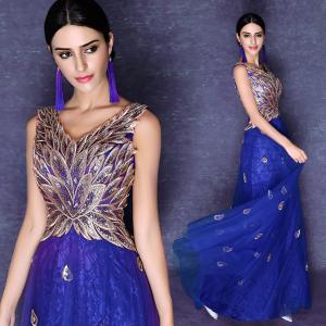 China Deep V Neck Royal Blue Gold Embroidery Evening Dresses Annual Meeting Host Dress TSJY033 supplier