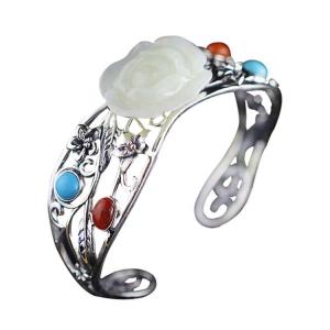 China Women 925 Sterling Silver Sculptured White Jade Cuff Bracelet(059489) supplier