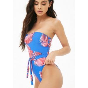 Boob Tube Top With Flower Print Random Tropical Self Tie One Piece Swimear