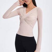 China Cross Folded Ladies Yoga Tops Long Sleeve V Neck Sports Shirts With Thumb Hole on sale