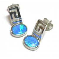China 925 Greek Key Round Dangle Blue Lab Created Opal Earrings 3.9 Grams Estate Vintage For Girls on sale