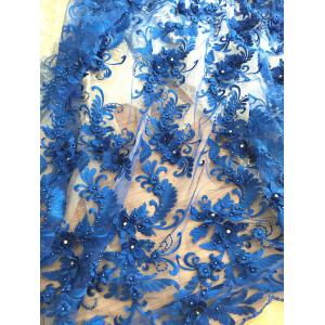 3D Rhinestone Beaded Tulle Fabric , Embroidered Royal Blue Lace Fabric For Bridal Gown