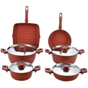 China stainless steel lid red stone aluminum color cookware set 10 pcs FDA approval supplier