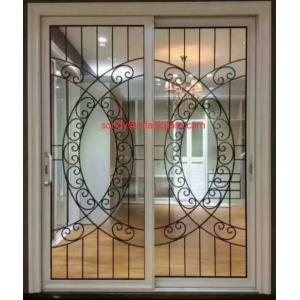 China Wrought iron glass panel with  12*12 black steel bar in sliding door supplier