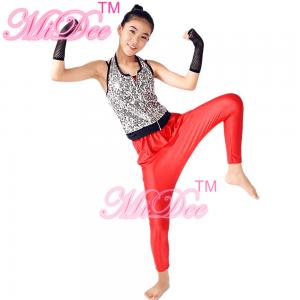 Sporty Hip Hop Dance Apparel Sleeveless Sequin Bodice Red Leotard With Fingerless Gloves