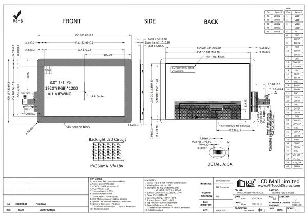 Smart 8'' FHD TFT LCD CTP Display 1920*1200 LCD Screen IPS Viewing 1000nits LVDS Interface
