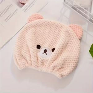 China Super Absorbent Coral Fleece Hair Drying Cap with Cute Bear Design and Elastic Fit for Comfortable Use wholesale