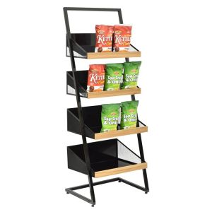 China AT-0268 Customization Black Snack And Merchandiser Display With 4 Metal Mesh And Solid Wood Shelves, Customized Design Available wholesale