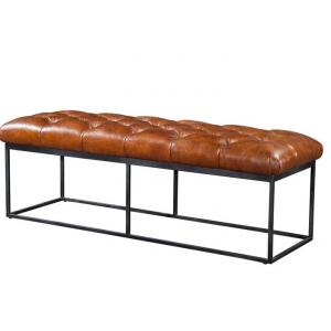 Vintage Retro Rectangle long bench stool Chesterfield Leather Footstool with Iron Frame