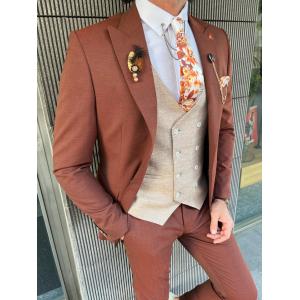 Brown Groom 3pc Tuxedo Suit Mono Collar Slim Cut For New Season