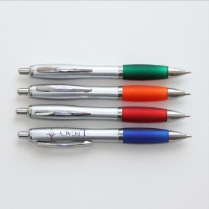 China silver body colored grip retractable plastic ball pen,popular promotional gift ball pen supplier