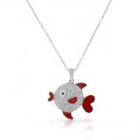 China Sea Life Red Enamel White Clear CZ Fish Pendant Necklace 925 Sterling Silver on sale