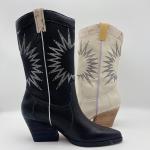 soft lychee grain leather Womens Dress Boots with sun embroidery pattern，Square abs chunky heel with TPR outsole