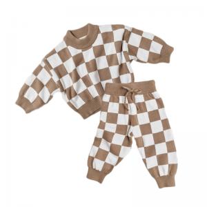 2PCS Customized Checkerboard Sweater Set 100% Cotton Knit Wear For Little Girls