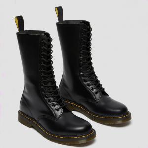 Round Toe Women'S Leather Boots Black Military Style Boots For Leisure / Business