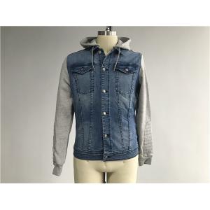China Light Wash Mens Denim Jacket And Jean With Brushed Fleece Sleeves / Detachable Hood supplier