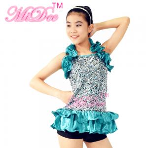 China 2 in 1 Glitter Sequin Bodice Ruflle Halter Neck Leotard Dance Competition Costumes supplier