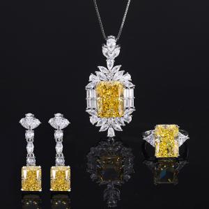 925 Sterling Silver Jewelry Set Radiant Cut Created Yellow Diamond Pendant Ring Earrings