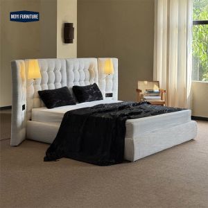 China Mail Packing Y King Queen Size Solid Wood Leather Upholstered Bed Frame with Lighting and High Density High Resilience Foam wholesale