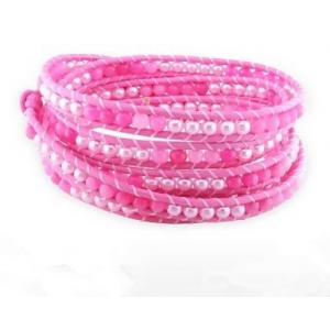 Bracelete do envoltório do couro de 5 grânulos da pérola das fileiras, bracelete cor-de-rosa do envoltório da ágata, bracelete de couro do envoltório