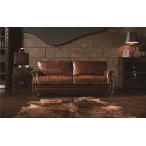 Top Grain 3 Seater Brown Leather Sofa , Three Seater Leather Settee Brass Wheel Legs