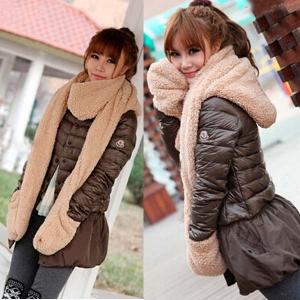 Women's Winter Fleece Scarf Set 3 In 1 Scarf Hat And Gloves Set