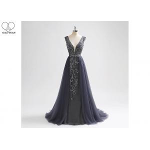 China Long Tail A Line Ball Gown Navy Blue V Neck No Arm Backless Heavy Beading Tulle supplier