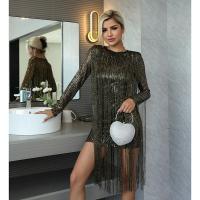 China Sequin And Beaded Tassel Dress Radiant Nights Beaded Fringed Long Sleeve Woven Mini Dress on sale