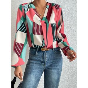 China Geometric Print Decal T Shirt Dacron Long Sleeve Top For Ladies supplier