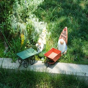 Recycled Small Metal Garden Ornaments Gnome Pushing The Cart With Planter