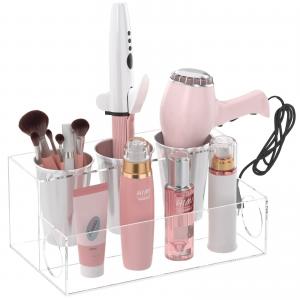 China Customized  Bathroom Storage Stand Acrylic Hair Dryer Holder clear  Hair Tools Organizer  with 3 Stainless Steel Cups supplier
