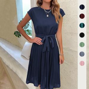                  New European and American Skirt Summer Vacation Women&prime;s Lace up Solid Color Pleated Dress             