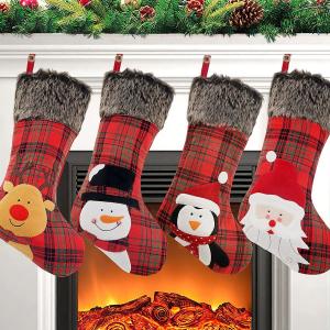 Christmas Stockings, 4 Pack 19'' Xmas Stockings with Penguin Santa Snowman Reindeer and Plush Faux Fur Cuff Family Pack