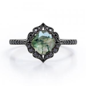 Botanical Design - 0.5 Carat  Pear Cut Druzy Scenic Moss Green  Agate - 4 Prong Engagement Ring
