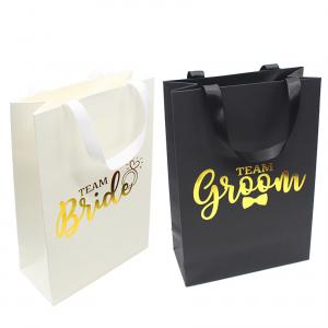 China Black Wedding Jewelry Branded Paper Bags With Grosgrain Handle Gold Foil Logo wholesale