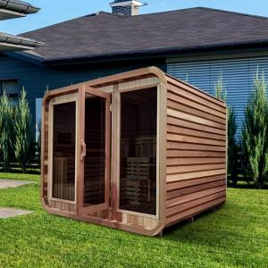 China Outdoor Rustic Cedar Steam Sauna Rounded Square With Bitumen Shingle Roofing supplier