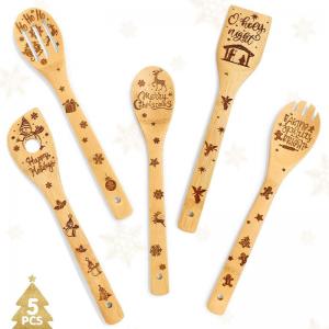 Halloween Christmas Wooden Spoons Natural Laser Carving Bamboo Wooden Spatula