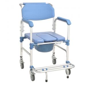China Blue Aluminum Alloy Frame PP Four Wheel Toilet Chair With Brake supplier