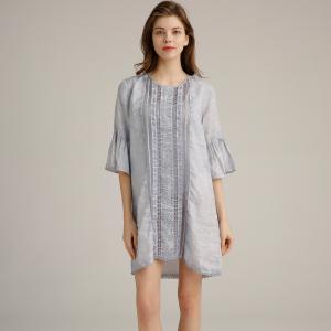 Plain Round Neck Casual Dress Yarn Dyed Summer Linen Shift Dresses For Women