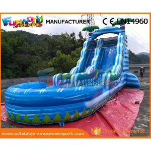China 0.55mm PVC Tarpaulin Commercial Inflatable Slide Blue Palm Tree Slide With Pool supplier