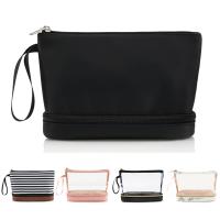 China Fashion Black Waterproof Two Layer Cosmetic Pouch Ladies Carry On Clutch Makeup Bag With Brush Organize on sale