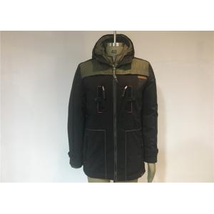 Undetachable Hooded Mens Polyester Jacket Olive And Black Color Male Winter Coat