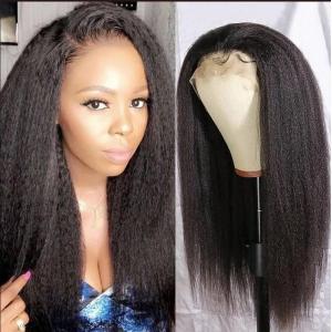 China Natural Color 100%Human Hair Yaki Lace Front Wig,Wholesale Kinky Straight Lace Wig For Black Women supplier