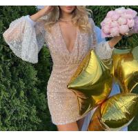 China Small Quantity Apparel Factory Ladies Long Balloon Sleeves 100% Poly Sequins Beading V Neck Dress on sale