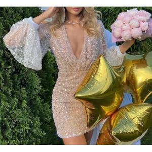 Small Quantity Apparel Factory Ladies Long Balloon Sleeves 100% Poly Sequins Beading V Neck Dress
