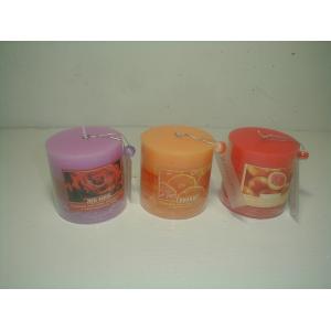 China 3x3 Purple,orange & red  scented pillar assorted candle packed by pvc sheet and printed label supplier