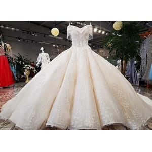 China Champagne Off Shoulder Wedding Gown , Big Ball Gown Dresses Beaded Tassels supplier