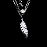 China Feather Shape Plumage Style Charm Silver Double Chain Necklace Cubic Zirconia Main Stone on sale
