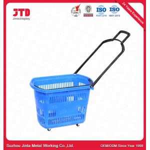 Blue Plastic Shopping Trolley Baskets 60L Supermarket Basket With Wheels