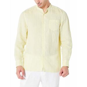 China Goose Yellow Chambray Spring Button Up Shirts Yarn Dyed Mens Linen Band Collar Shirt supplier